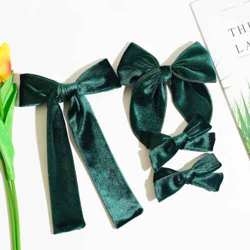 4 Pcs Velvet Hair Bows Set, Hand-made Velvet Bows Hair Clips for Little Teen Toddler Girls Kids(Dark Green)