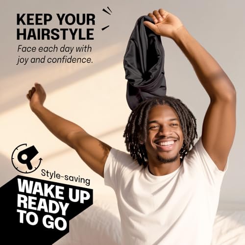 Large Satin Bonnet for Men Sleeping: Loc Cap Dreadlocks for Curly Braids Wave, Silky for Frizzy Hair Smooth, Adjustable No Slip Black
