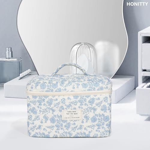 Makeup Bag,Quilted Cosmetic Bags,Large Floral Make Up Bags for Women, Makeup Organize,Flower Travel Toiletry Bag