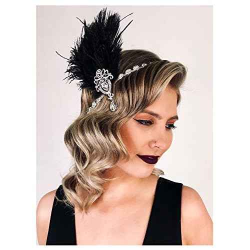 SWEETV 1920s Feather Headpiece Black, Womens Ostrich Feather Crystal Headband, Great Gatsby Hair Accessories for Women, Ribbon Tie