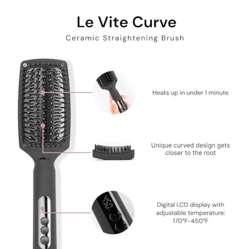 L'ANGE HAIR Le Vite Curve Ceramic Straightening Brush | Heated Straightener Flat Iron for Smooth, Anti Frizz Hair | for All Hair Lengths | Hot Styling Brush for Effortless Straightening (Black)