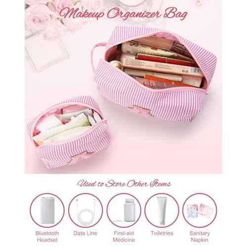 MONSTINA Initial Makeup Bags for Women|Cosmetic Bag for Travel Toiletry - Birthday Gifts for 11 12 13 14 15 16 17 18 Years Old Girls- Graduation Teen Girl Gifts Trendy Stuff Teacher Gift,2PCS,Pink S