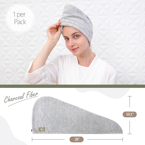 myHomeBody Hair Towel Wrap, Luxury Quick Drying Turban, Ultra Soft Absorbent Charcoal Fiber Cap, with Coconut Shell Button ? Gray
