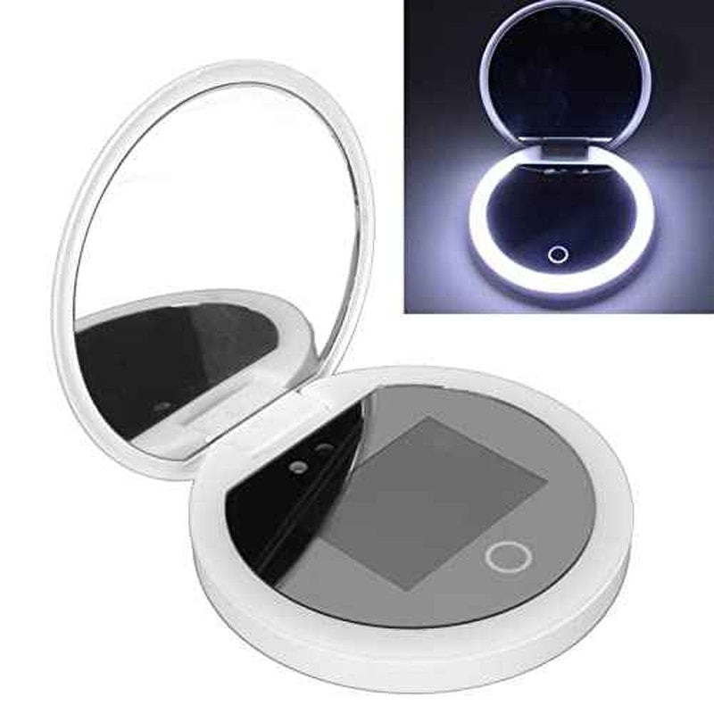 Travel Compact Mirror with Camera, 2X Magnification Portable Mirror with Lights Checking Sunscreen LED Makeup Mirror, 3.5in Folding Travel Mirror