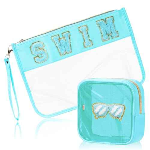 2 Pcs Swim Bag Cosmetic Makeup Bag with Chenille Letter Patch, Clear Pouch PVC Organizer Purse, Waterproof Travel Beach Bag, Portable Toiletry Storage Bag