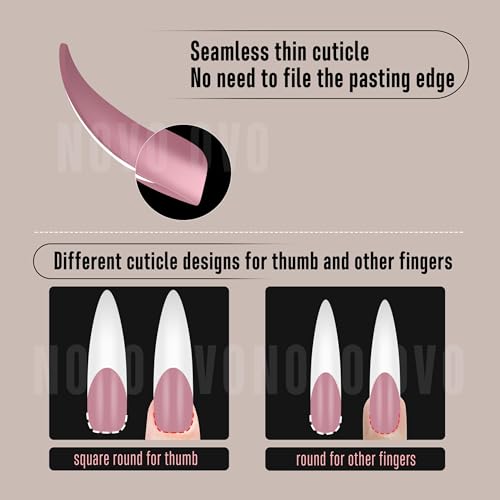 NOVO OVO Halloween XXL Curved Stiletto Almond French Tip Nail Tips Press on, BERRY PINK Full Cover Extra Thick Long XL Acrylic Hawk Curve Fake Extension Kit, Need Builder Gel, for DIY 12 Sizes 144 pcs