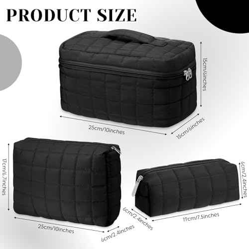 3 Pcs Large Puffy Makeup Bag Set Quilted Cosmetic Pouch for Women Cute Checkered Travel Toiletry Bag Puffer Makeup Organizer Purse Pouch Preppy Pencil Case with Zipper(Black)