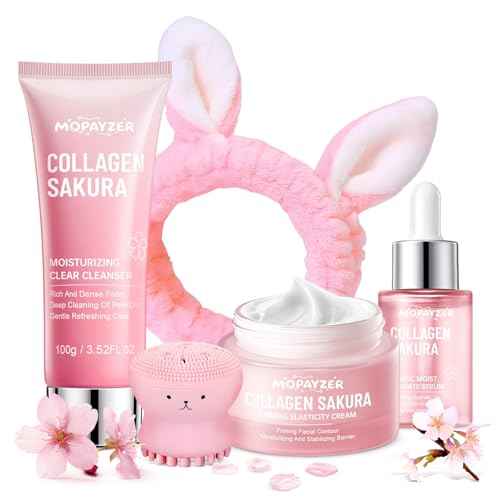Sakura Skin Care Set for Teen Girls, Skincare Gift Set for Teens 10-12, Hydrating & Soothing, 5 Pcs Collagen Skincare Routine Kit for Women with Cleanser, Serum, Cream, Bunny Headband, Cleansing Brush