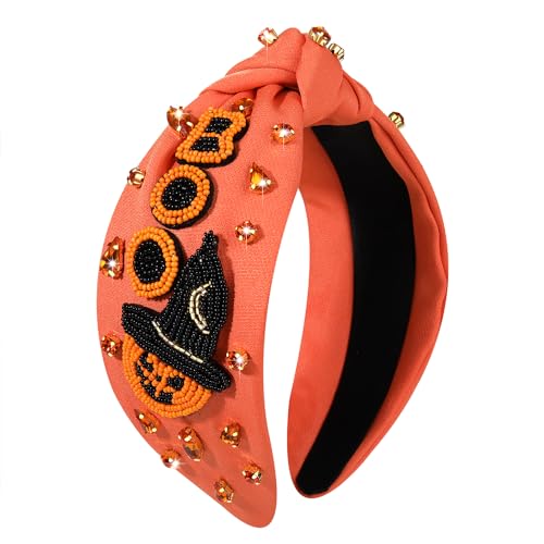 Halloween Knotted Headband for Women Crystal Pumpkin Candy Corn Houndstooth Hairband Halloween Hair Accessories Gift