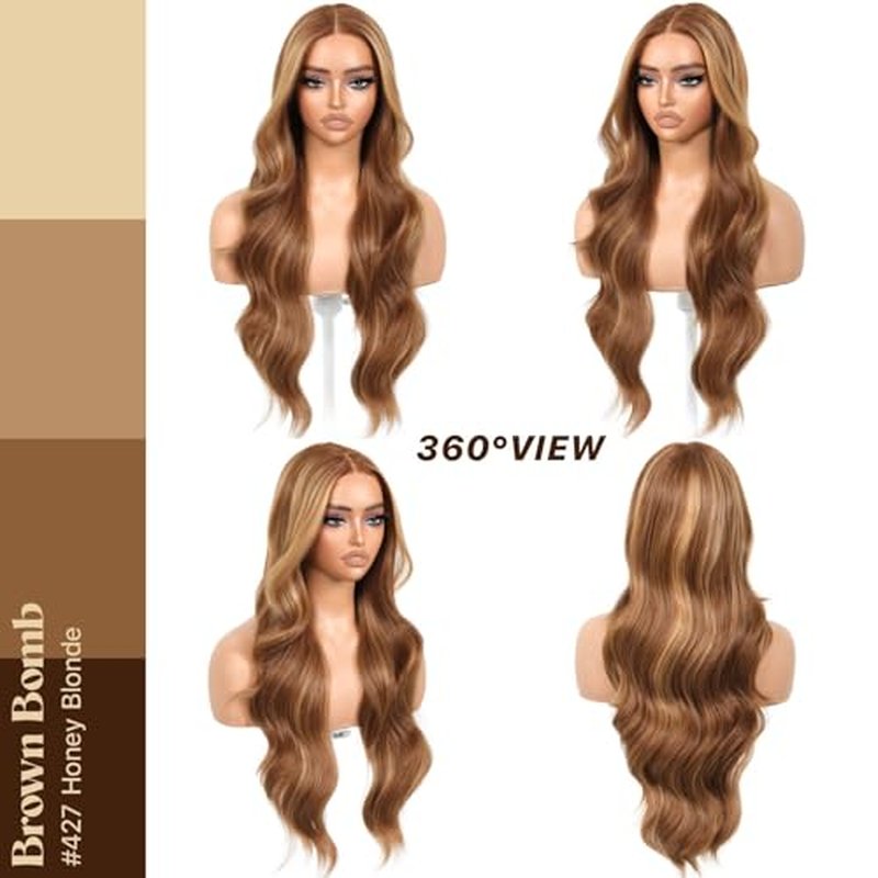 Honey Blonde Body Wave Glueless Wigs With Bangs Synthetic Lace Front Wigs Pre Plucked Pre Cut HD Lace 13x5x1 Middle Part Wigs For Woman 26 Inch