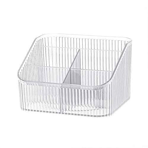 DASITON Large Capacity Makeup Brush Holder,5 Slot Makeup Brush Cup,Vintage striped Make Up Brush Holder,for Vanity Decor,Bathroom Countertops,Desk Storage Container,Cosmetic Display cases(Clear-L)