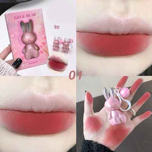 3 Colors Red Pink Brown Cute Bunny Lip Gloss Set,2 IN 1 Liquid Velvet Matte Keychain Lipstick Long Lasting Waterproof Lipstick for Women Girls