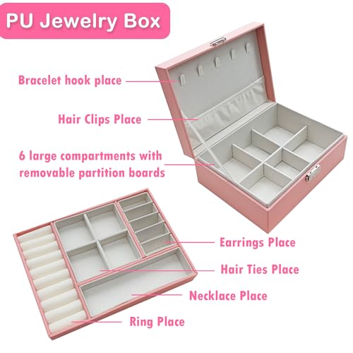 Jewelry Box with Hair Accessories for Girls, Hair Clips/Barrettes/Hair Ties/Bows/Toy Rings/Bracelets/Earrings/Hair Ropes/Hair Elastics, Gift Toys for Teen, Girls aged 4 5 6 7 8-12