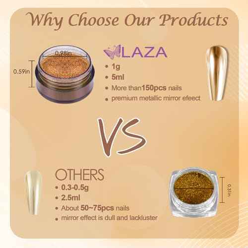 Laza Chrome Nail Powder Mirror Effect Metallic Dust Holographic Glitter Glazed Manicure Decoration Reflective Pigment for DIY Gel Polish Nail Art, Resin Craft, Gifts - Gold