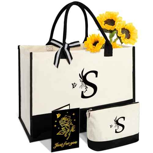 Personalized Gifts for Women - Initial Canvas Tote Bag & Makeup Bag, Custom Bags for Beach, Christmas, Wedding, Birthday, Holiday, Monogram Birthday Gifts for Women, Mom, Wife, Teacher, Friend - S