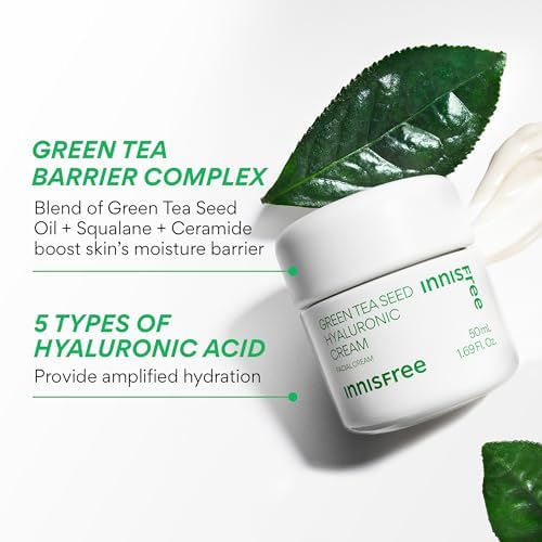 Innisfree Green Tea Seed Hyaluronic Acid Cream - Hydrating Korean Face Moisturizer with Ceramide | Jumbo Size Available