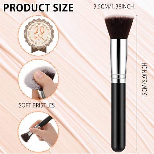 Baderke 20 Pcs Flat Top Foundation Brush Kabuki Cosmetics Synthetic Dense Face Blush Makeup Brush for Liquid, Cream, Powder, Blending, Buffing, Stippling Face Makeup Tools