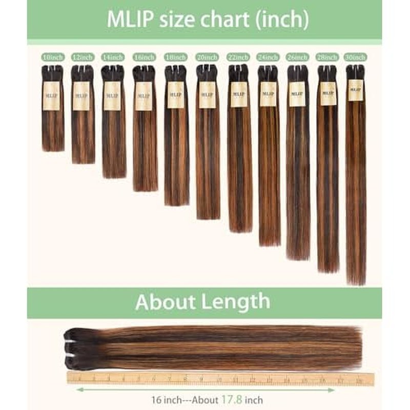 mlip Raw Bundles Human Hair Straight, No Tangle Shedding, Keep Texture Silky Soft After Multiple Washes, 15A Raw Indian Hair Bundles 12 Inches, Brown Highlight Bundles