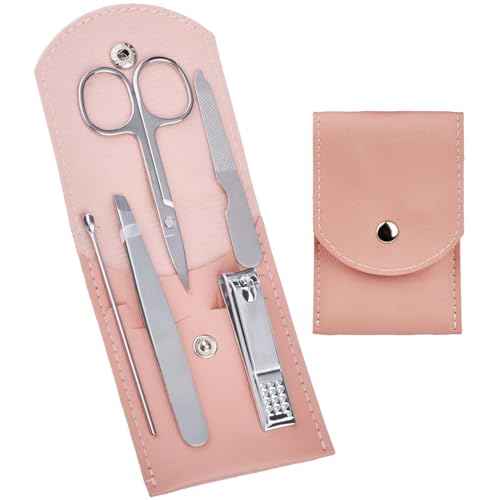 Travel Manicure Set Professional Nail Clipper Kit-5 Pieces Stainless Steel Manicure Kit, Women Men Grooming kit With Nail Care Tools Beauty Scissors Tweezers (Silver Pink)