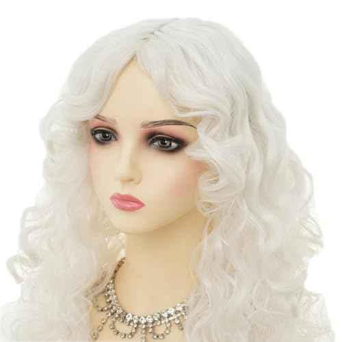 White Long Curly Wigs for Women With bangs Synthetic Queen Princess Middle Part Hair Wig for Cosplay Halloween