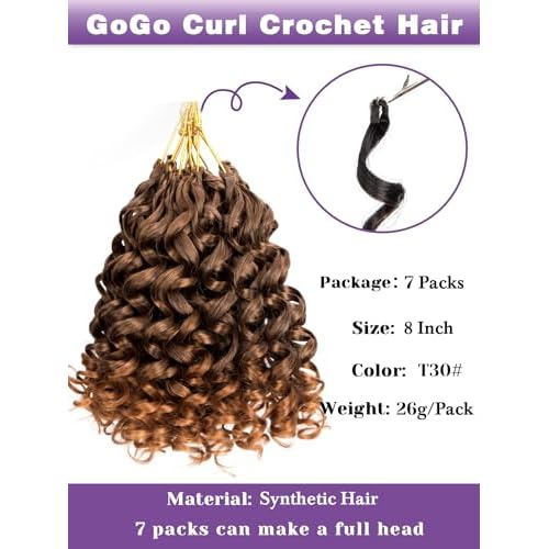 MYQUEEN GoGo Curl Crochet Hair Ombre Brown Curly Braids for Women 8 Inch 7 Packs Short Beach Ocean Deep Twist Synthetic Extensions T30#