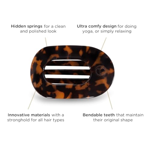 TELETIES - Small Flat Round Clip - Strong Grip, Bendable Teeth, Comfortable Curved Design - For Lying Down, Yoga, Driving & More - Ideal for Thin-Medium Hair - For All Hair Textures - Tortoise