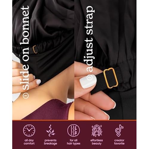 Cobana Adjustable Satin Sleep Bonnet ? Silk Bonnet & Double-Lined Night Cap for All Hair Types ? Soft, Slip-Resistant Hair Wrap for Sleeping (Black)