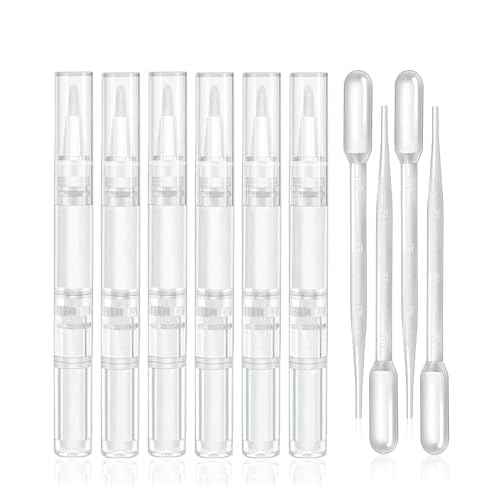 6 Pcs 3ml Empty Cuticle Oil Pen with 4 Pcs Transfer Pipettes - Transparent Nail Oil Twist Pens with Brush Tip for Nail Oil, Eyelash Growth Liquid, Cosmetic Lip Gloss Container Applicators
