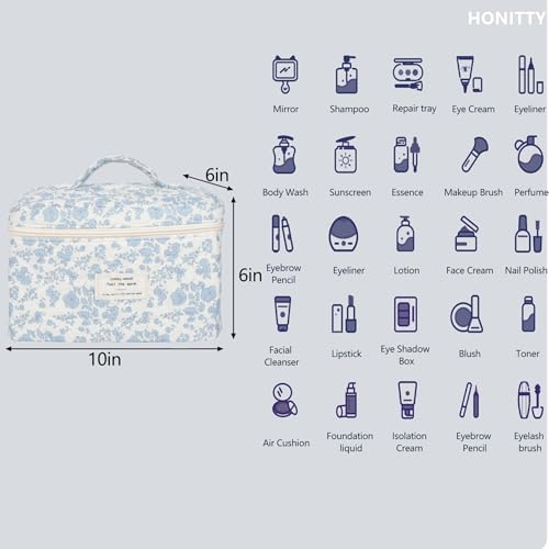 Makeup Bag,Quilted Cosmetic Bags,Large Floral Make Up Bags for Women, Makeup Organize,Flower Travel Toiletry Bag