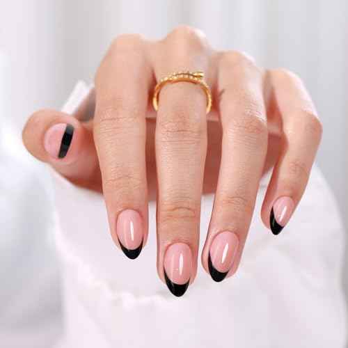 Black French Tip Press on Nails Halloween Fall - GJZEZ Soft Gel Short Almond Christmas Prom Fake Nails Press Ons, Salon Quality False Glue on Nail | 16 Sizes - 32 pcs Reusable Nail with Glue