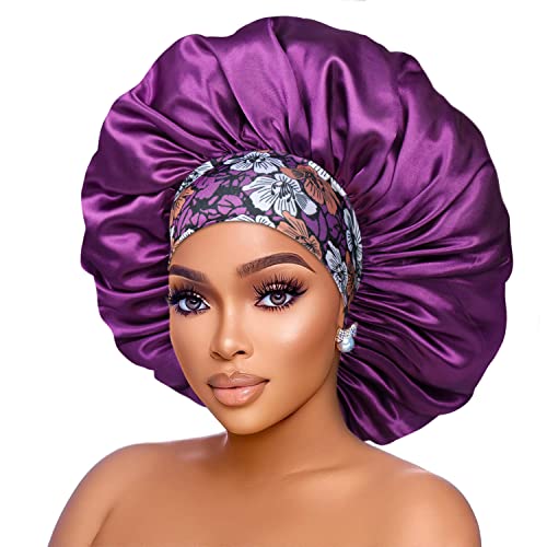 Silk Satin Bonnet Hair Cap: 2pcs 17inch Diameter Extra Large Jumbo Sleeping Satin Bonnets with Comfortable Flower Band - High Density Bonnets for Women Braids Curly Night Cap (Purple & Teal)