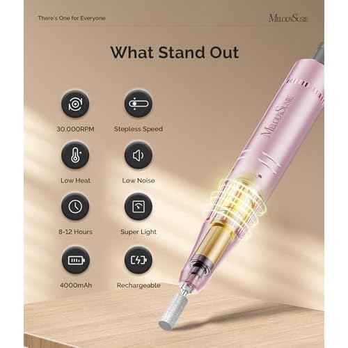 MelodySusie Professional 30000RPM Nail Drill, SC320F Cordless Clip-on Nail File with Drill Bits & Sanding Bands, Rechargeable Electric Efile for Acrylic Nails, Gel Polish Removal at Home Salon