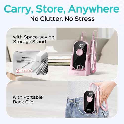 COSLUS Professional Rechargeable Electric Nail Drill 40000 RPM, Portable Nail File with Storage Stand for Acrylic Gel Polishing Removing - Easy to Use for Women, Manicure at Home DIY or Salon, Pink