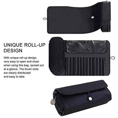 Makeup Brush Bag, Travel Makeup Brush Case Makeup Brush Holder Organizer Cosmetic Bag Portable Roll Up Brush Storage Bag for Makeup Brushes and Cosmetic Essentials (Black)