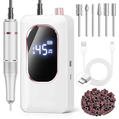 Professional Electric Nail Drill 45000RPM, Portable Nail File for Acrylic Gel Nails, Cordless Rechargeable Salon-Grade Ultra Power Nail Drill Kit for Shaping, Polishing & Removing Gel Nails