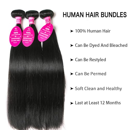 12A Straight Bundles Human Hair 18 20 22 Inch 3 Bundles Double Weft Brazilian Hair Extensions Straight Human Hair Bundles 100% Unprocessed Virgin for Women Natural Color
