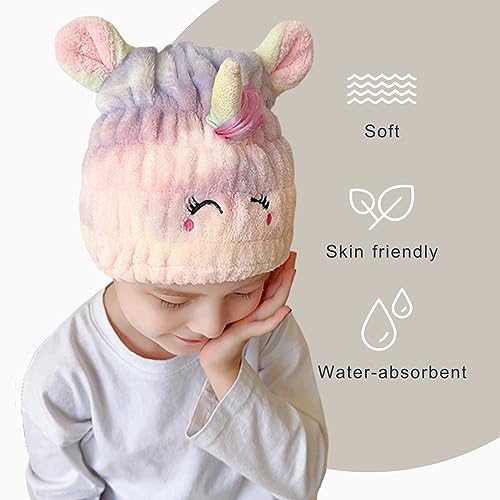 Microfiber Hair Towel Wrap for Kids, Unicorn Dry Hair Cap Suck Water, Absorbent Quick Girls Boys Hair Drying Towel, Lightweight Bouncy Hat Headscarf for Wet Hair