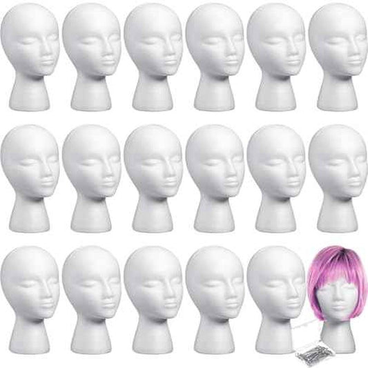 Gisafai 18 Pcs Foam Wig Head with 50 Pcs T Pins Female Foam Mannequin Wig Stand and Holder 11" Tall Cosmetics Model Head Display Hair, Hats Hairpieces Display for Home Travel Salon