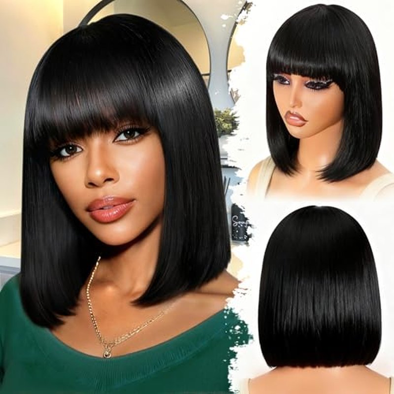 Bob Human Hair Wig with Bangs Silky Straight Glueless Wigs Human Hair 150% Density Black Bob Wig with Bangs None Lace Machine Made Wigs for Black Women 14Inch