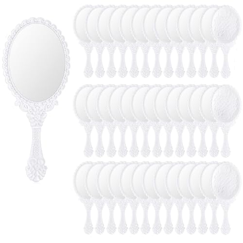 Suzile 60 Pcs Vintage Handheld Mirror Bulk Retro Hand Held Mirror Small Travel Portable Embossed Flower Decorative for Travel Birthday Princess Party Favors Goodie Bag Makeup Home Salon Plastic(White)