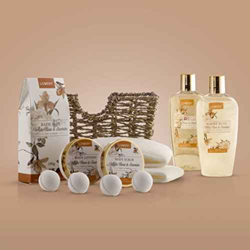 Home Spa Gift Basket - White Rose & Jasmine - Luxurious 11pc Bath & Body Set For Men & Women, Contains Shower Gel, Bubble Bath, Body Lotion, Scrub, Bath Salt, 4 Bath Bombs, Loofah & Basket