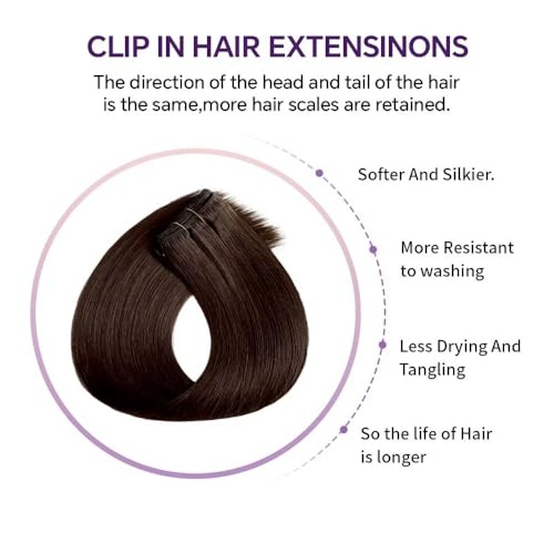 Remy Hair Extensions clip ins Hair Etensions for Women ailiceehr Dark Brown Double Weft Natural Hair Extensions Straight 8Pcs Soft and Thick 14inch 75g.