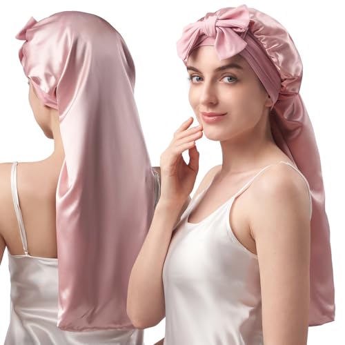 YFONG Double-Layered 100% Pure Mulberry Silk Bonnet for Long Hair, 22 Momme Silk Hair Bonnet for Sleeping with Elastic Tie Band, Real Silk Sleep Cap for Women Long Curly Hair, Pink