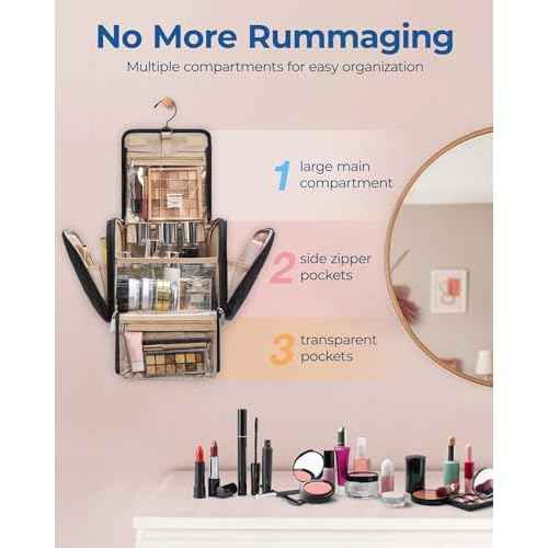 BAGSMART Makeup Bag for Women with Hanging Hook, Large Portable Capacity Water-resistant Organizer Travel Case for Toiletries and Cosmetics, Brown