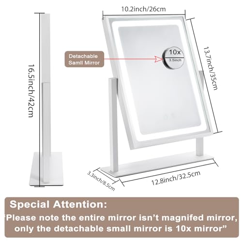 Vanity Mirror with Lights, Hollywood Makeup Mirror, Touch Control, 3 Color Lighting Modes, Dimmable, Detachable 10X Magnification Mirror, 360 Rotation (16in, White)