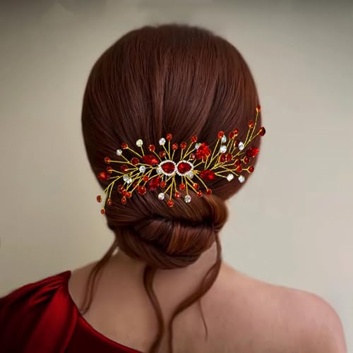 Crystal Bride Wedding Hair Comb Pearl Bridal Hair Clip Rhinestone Party Prom Hair Piece for Women and Girls (Red-847)