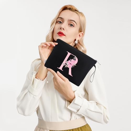 Vavabox A-Z Personalized Makeup Bag, Birthday Gifts for Women Mom, Gifts for Best Friend, Bride Bridesmaid Cosmetic bag (R, Black)