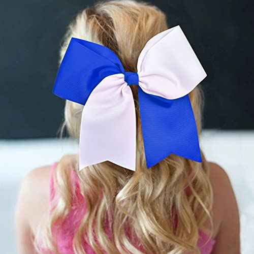 18PCS 8" Large Cheer Bow White Blue Ponytail Holder Elastic Band Hair Ties Hair Bow Accessories for Cheerleading Teen Girls High School College Softball Competition Sports
