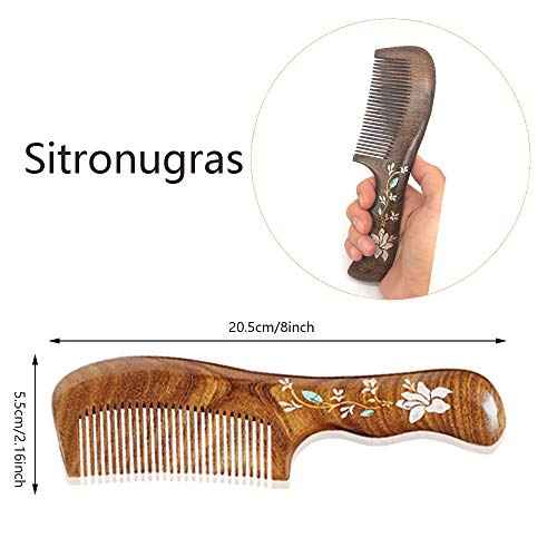 Natural Handmade Sandalwood Hair Comb, Anti-Static Hair Detangler Wooden Combs for Men,Women,Kids Fine Tooth Wood Comb (Flower drawing with free pouch)