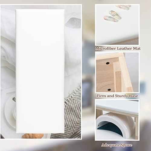 Arm Rest for Nail Techs, Professional Microfiber Leather Nail Arm Rest Cushion with Soft High-Density Sponge Solid Wood Table Non-Slip Manicure Hand Rest Stand for Nail Supplies (White)